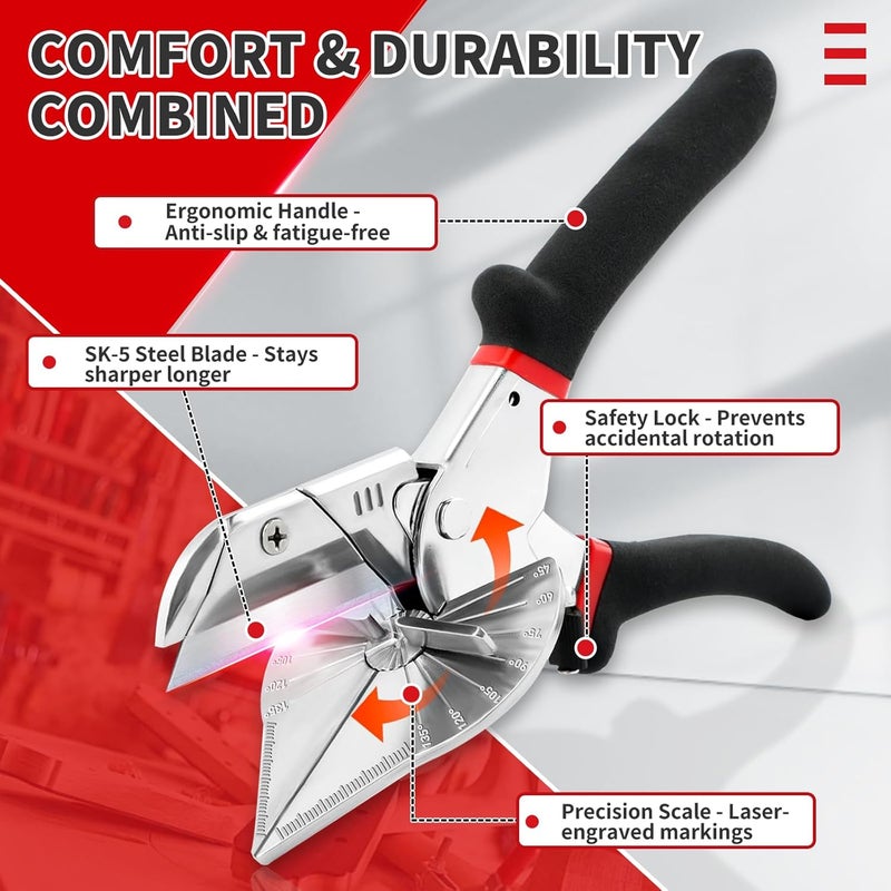 OOMDMI Multi Angle Miter Shear - Upgrade Quarter Round Cutting Tool with 12pcs Replacement Sharp Blades, 45-135° Adjustable Angle, Trim Cutter Hand Tool for Plastic, Wood Trim Molding (Black Red Handle) - Image 3